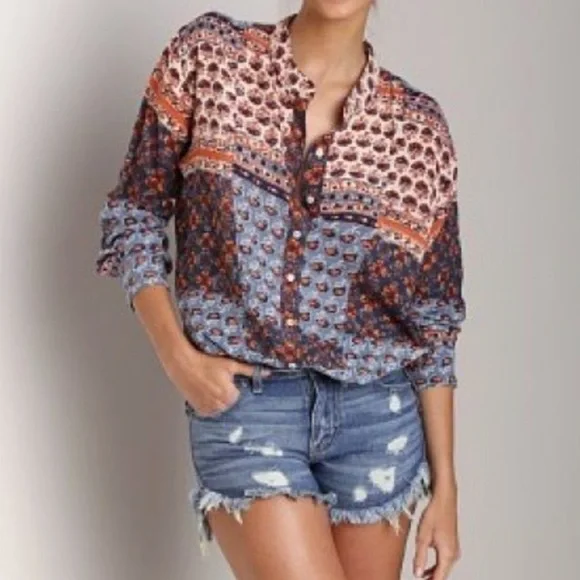 Free People Caravan Floral Button Patchwork Boho Rayon Top XS - Picture 6 of 12